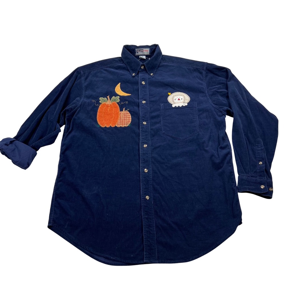 VTG BASICSS Fall Halloween Button Down M Navy Corduroy Pumpkin Ghost Crow 90s
